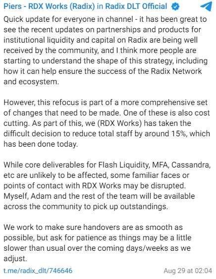 DeFi network Radix team cuts 15% of staff, citing need to ‘refocus’