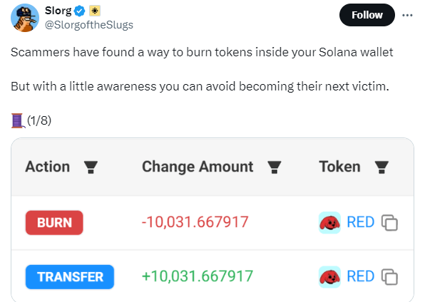 Scammers have found a way to burn tokens from inside Solana wallets